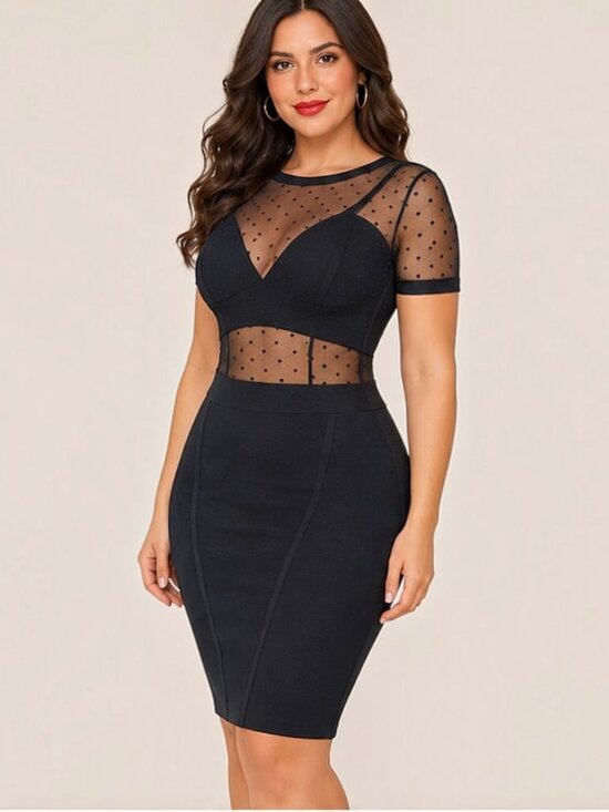 Dresses & Skirts - Black Absorbing Polka Dot Mesh Open Back Sheer Bandeau Bandage Dress